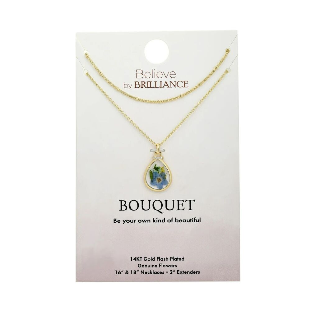 Believe by Brilliance 14KT Gold Flash Plated Double Necklace with Genuine Flower